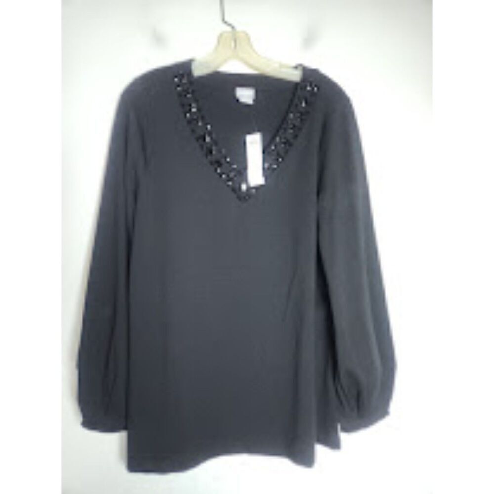 NWT Chico's Women Black V-Neck Embellished Ponte Knit Blouse size 2 or Large